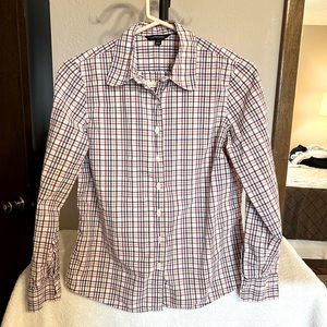 Classic Multicolor Pinstripe/Plaid Long Sleeve Lands’ End Button-Down Blouse - S
